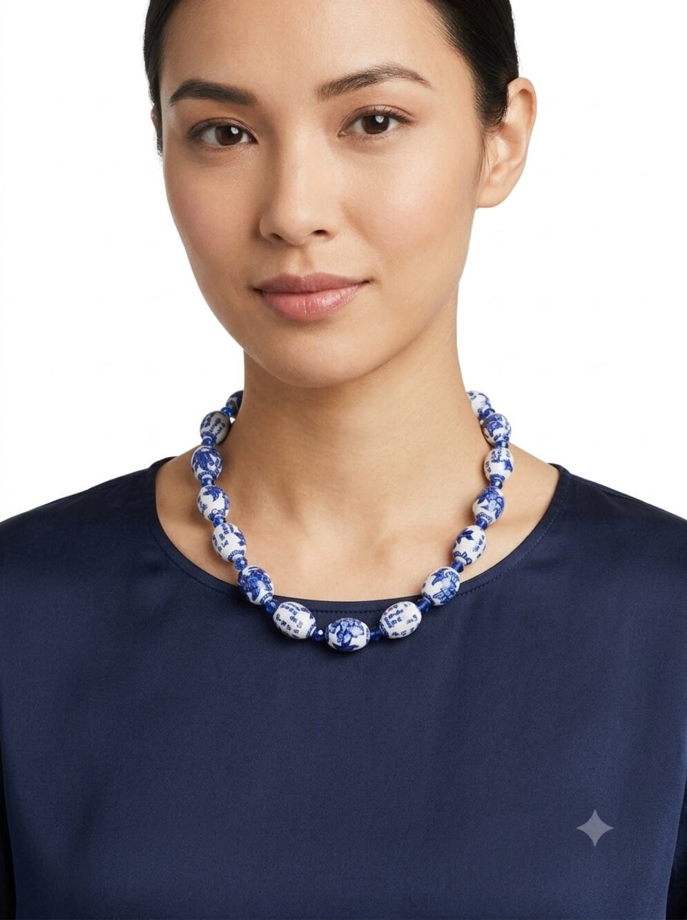 Vintage Chinese Bead Necklace Women's Blue White Porcelain Floral Crystal Clasp